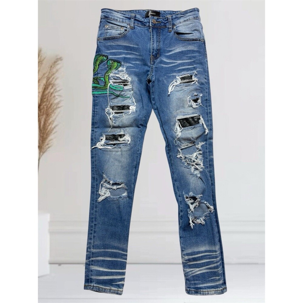 Amiri King Cobra Embroidered Men’s W31 L30 Leather Patch Distressed StretchJeans